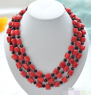 

FREE SHIPPING>>>3row 21" 12x14mm massive red coral black bead NECKLACE