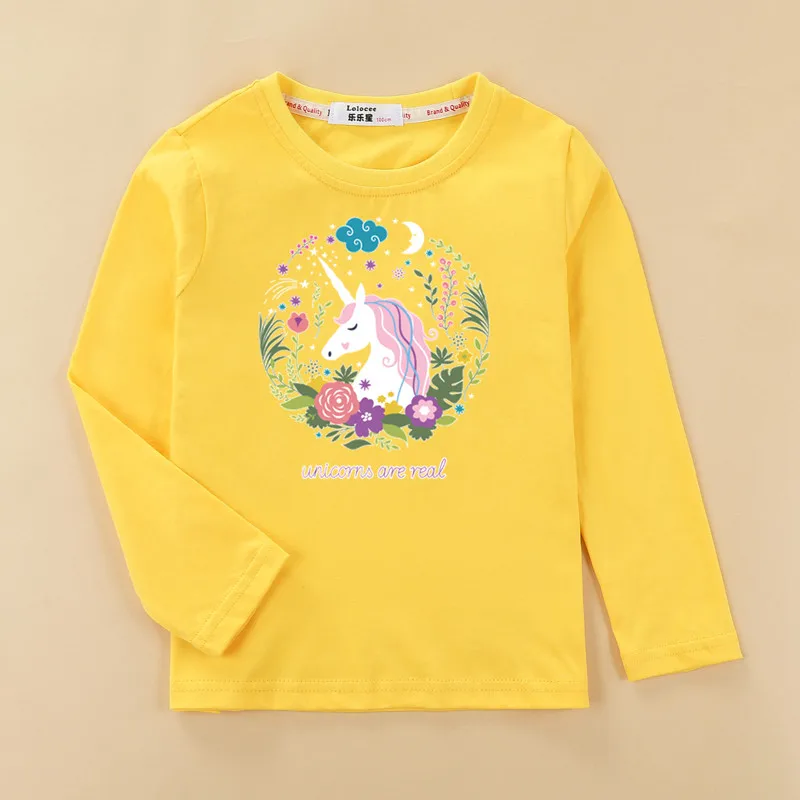 Детская футболка с длинными рукавами из хлопка для маленьких девочек, футболка для сна с единорогом красивая детская одежда с принтом повседневные футболки, футболка - Цвет: Yellow