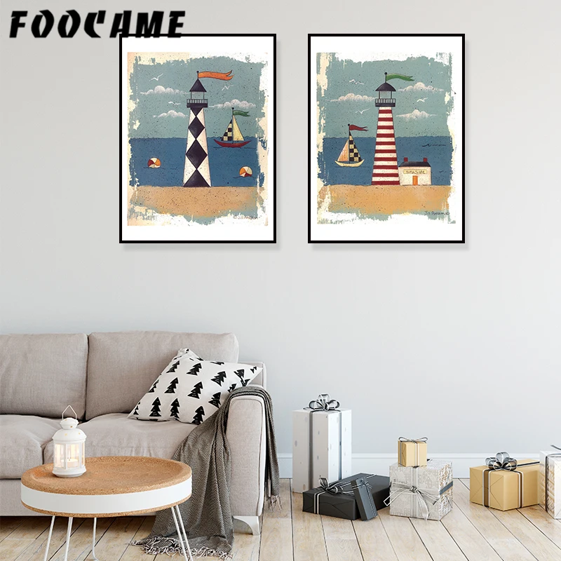 

FOOCAME Cartoon Sea Lighthouse Posters and Prints Art Canvas Painting Modern Decoration Wall Pictures For Living Room