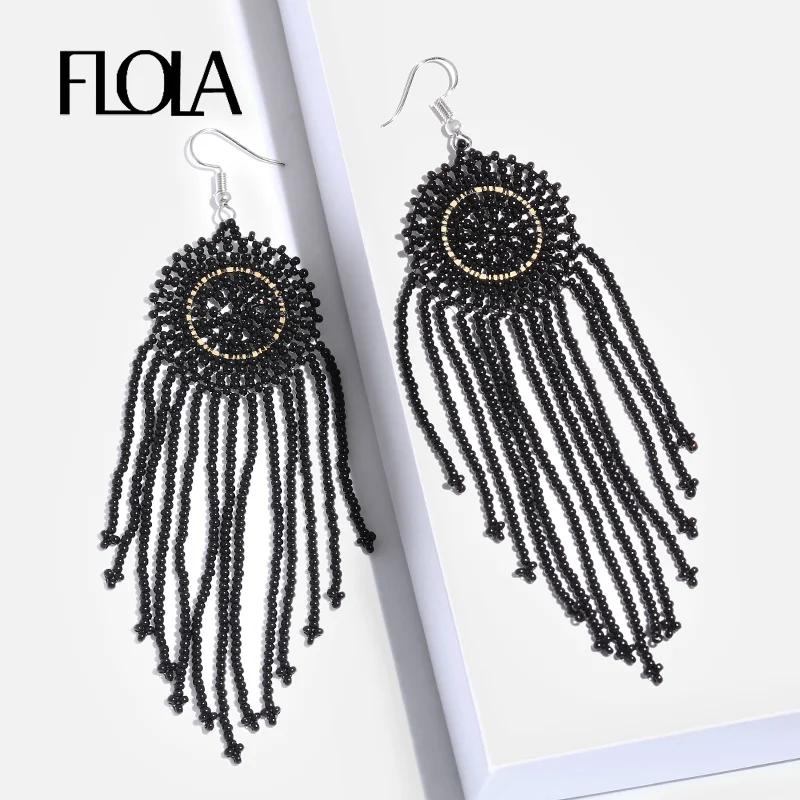 

FLOLA Handmade Beads Long Tassel Earrings for Woman Bohemia Fringe Earrings Statement Ethnic Big Earrings oorbellen ersn41