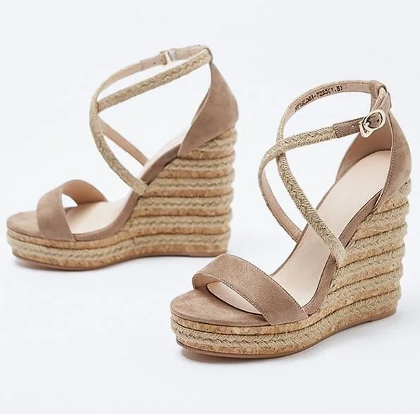 

Woman Rope Braided Wedge Sandals Cut-out Peep Toe Cut-out Summer Sandals Super High Platform Dress Shoes Real Photo Free Ship