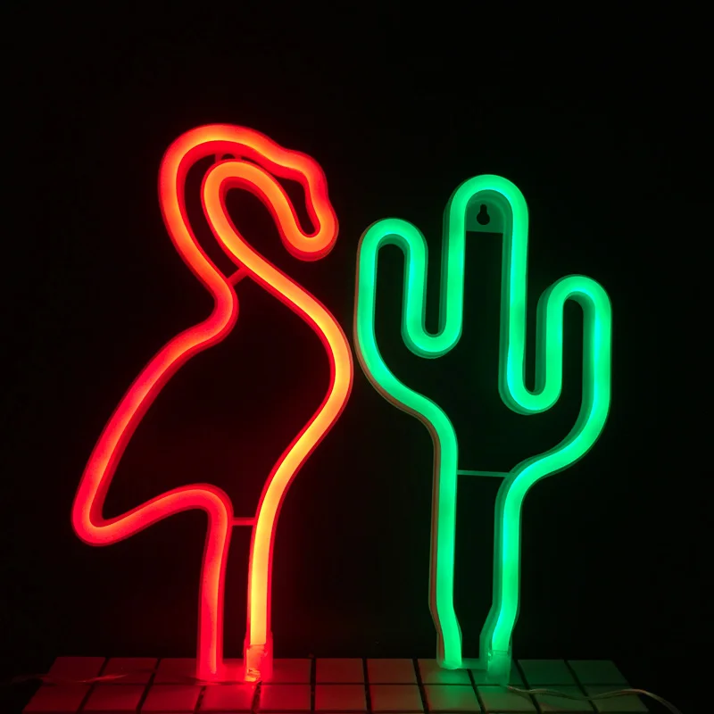 Hot Sale Led Neon Flamingo Light Cactus Holiday Night Lamp PVC Neon Sign USB  3AA Battery Led Lamp Christmas Birthday Gift desk table Green Red Wall Light  (13)