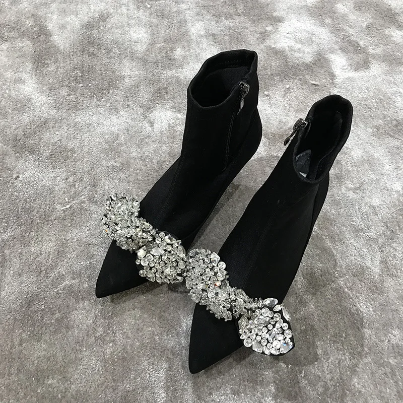 

Women Boots High Heel Short Booties Pointed Toe Crystal Embellished Butterfly Knot Decor Women Shoes Zipper Handmade Shoes Hot