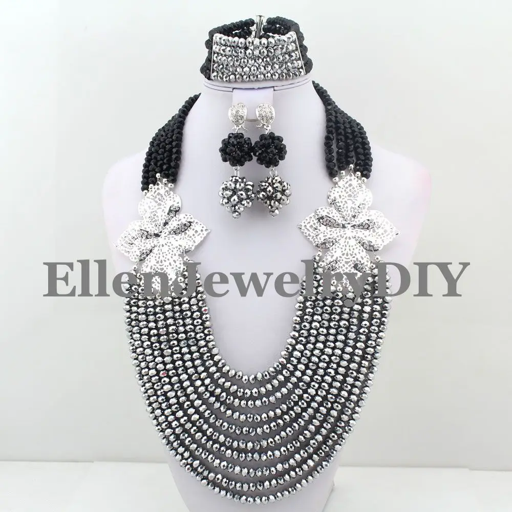 

2019 fashion Black/Silve african crystal beads necklace set nigerian wedding african beads jewelry Set Free shipping W8575