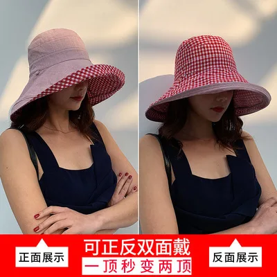 Клетчатая Двусторонняя хлопковая Солнцезащитная шляпа для женщин с защитой от УФ-лучей Панама для девочек, пляжная шляпа от солнца, Солнцезащитная Панама для улицы - Цвет: Розовый