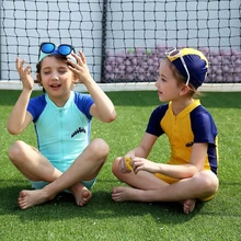 Для Мальчиков И Девочек Цельный купальник Шорты солнцезащитный крем Одежда заплыва Предохранители сыпи спорта людей Купальники UPF50+ 90 см-140 см желтый синий