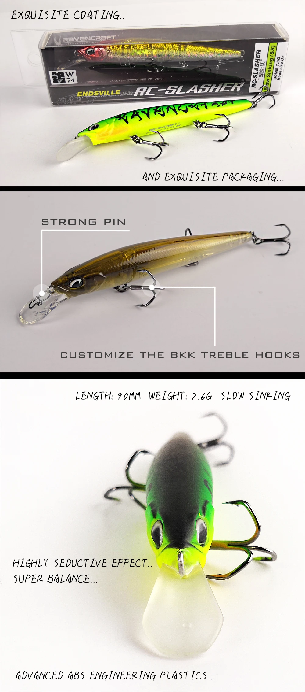 Ravencraft бренд Slasher 90SS черный тонущие приманки Minnow 7,6 г искусственный jerkbait воблер товары для бас судак приманки Рыбалка