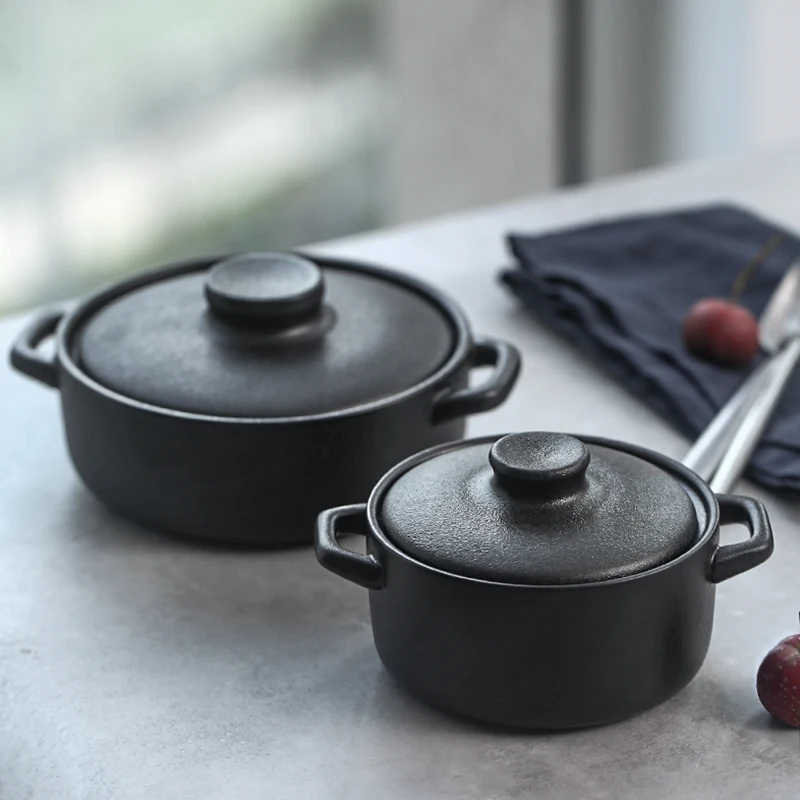 Black with lid baking bowl Creative Double ear Ceramic Soup Pot