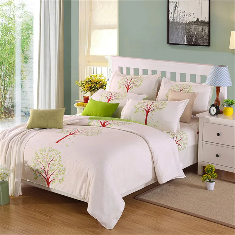 

Simple Green Small Tree Pattern Polyester 4Pcs Duvet Cover Flat Bed Sheets+Pillowcase King Super King Full Queen Bedding Set