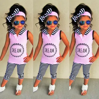 

2018 New Casual 2Pcs Kids Baby Girl Hoodie Top Sleeveless T-shirt Long Pants Stripe Leggings Outfit Children Summer Clothes