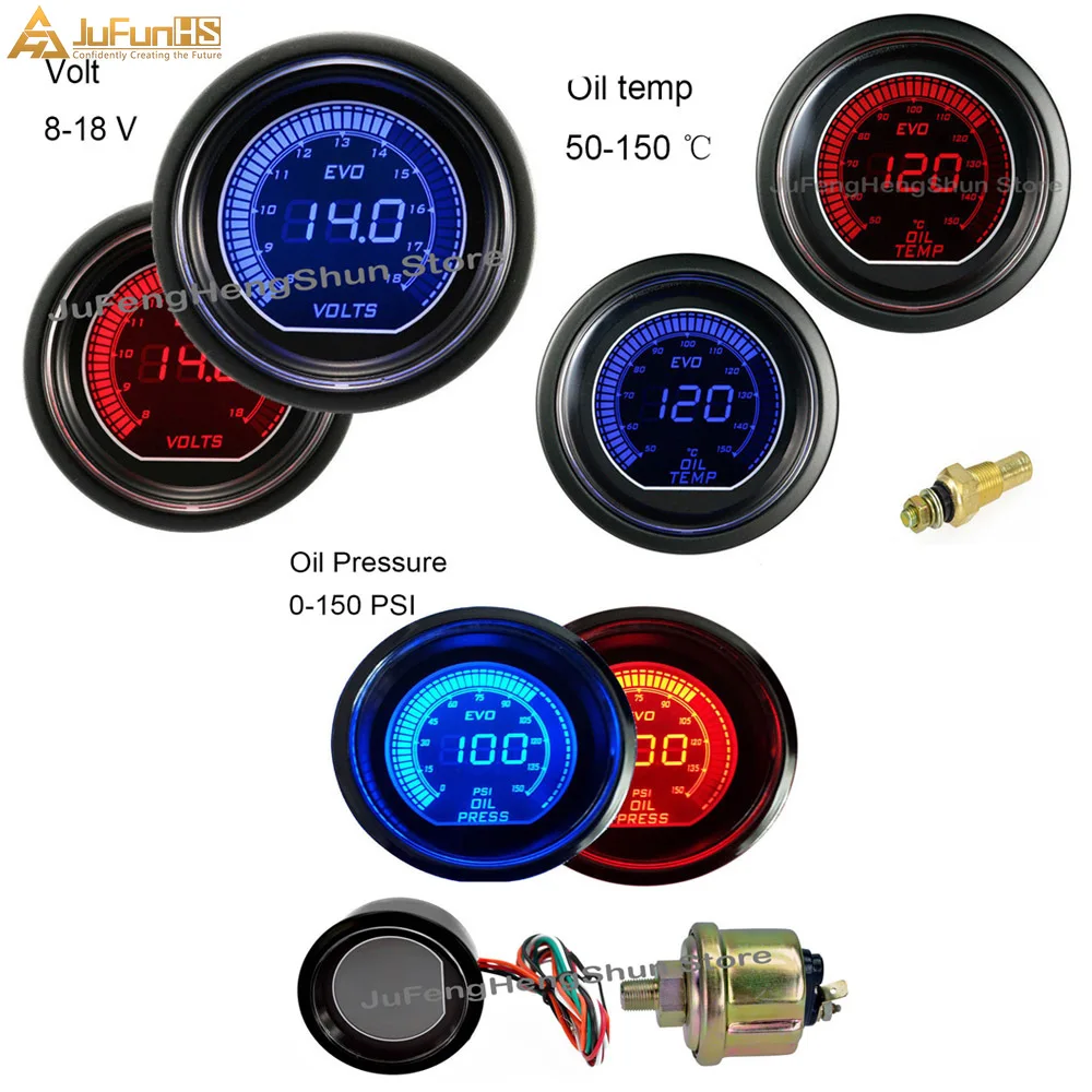52mm EVO Car Oil Temperature Gauge Celsius Voltmeter Fuel pressure