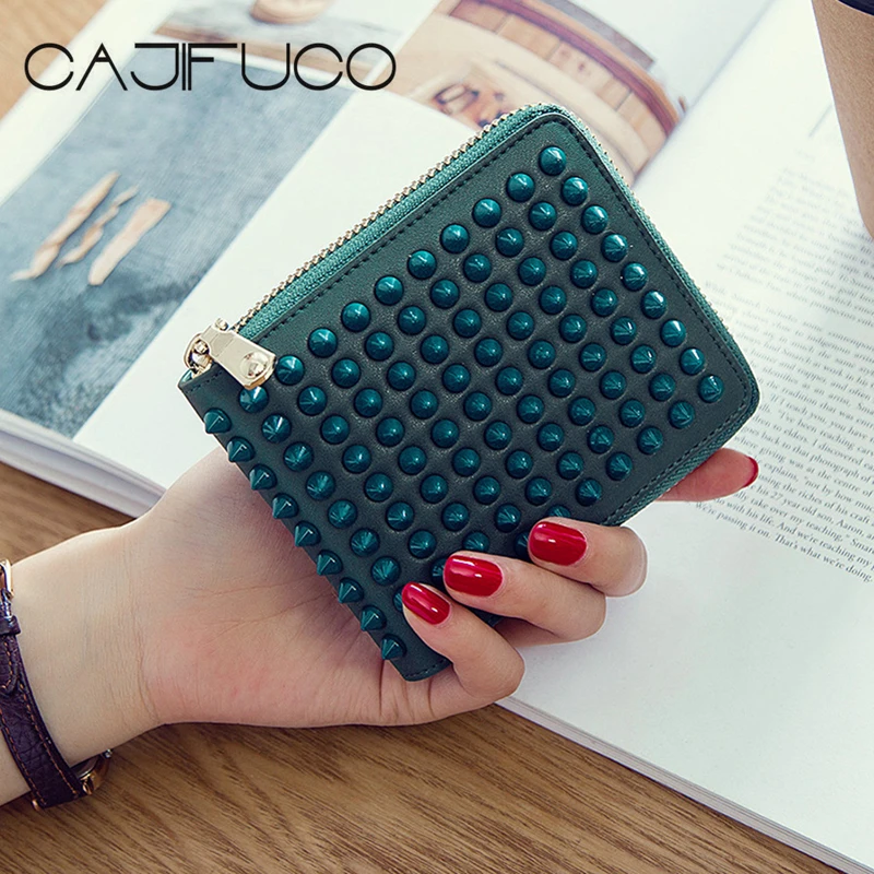 

Colorful Rockstud Spikes Wallet Purse Genuine Leather Zip Studded Short Wallet Metal Rivet Credit Card Holder Portomonee Women