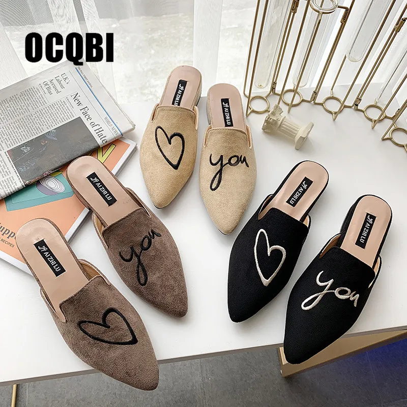 

Brand New Luxury Slippers High Quality Handmade Flock Shoes Fashion Flats Women Shoes Female Love You Pointed Toe Slip On Mules