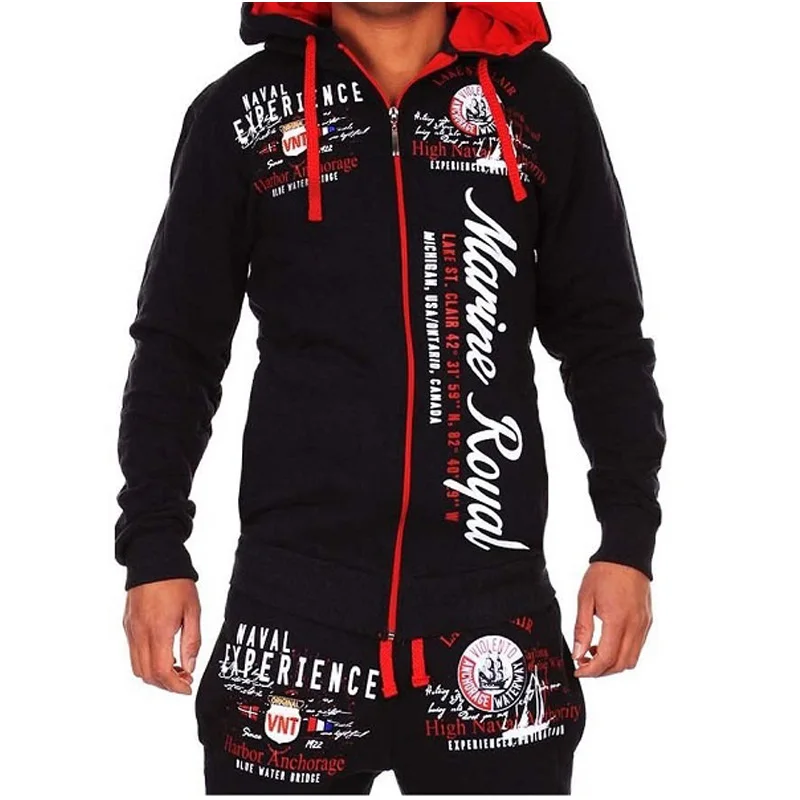 Zogaa 2019 Zipper Hooded Letter Printed Sportswear Men Set Tracksuits Casual Hoodie 2pcs Sweatshirt + Pants Set Clothing