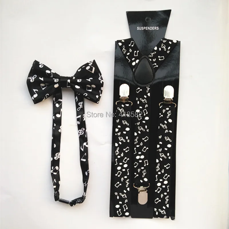 LB018 2016 New Mens Fashionable 1 Inch Wide Black White Musical Note Braces Bow Tie Sets