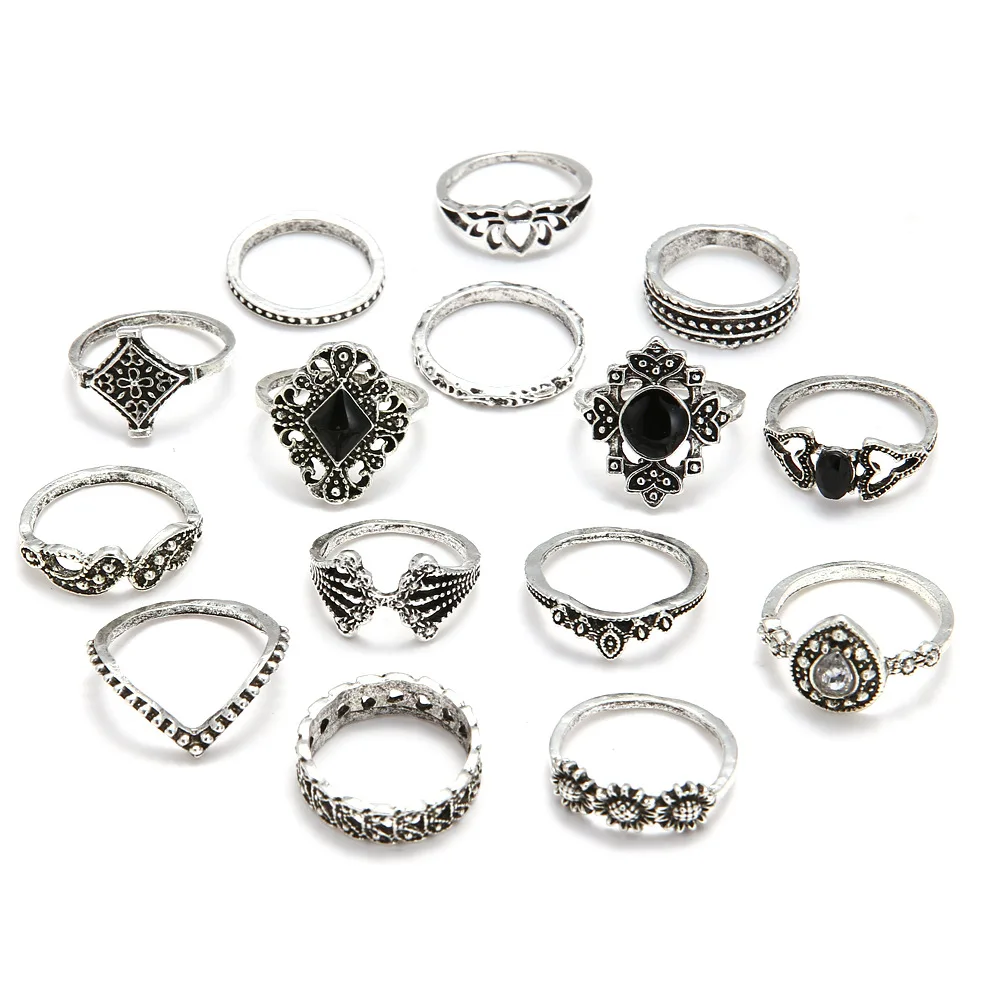 Набор серебряных колец KINFOLK в стиле ретро с кристаллами в виде цветов и листьев лотоса, 15 шт./набор, новинка, для женщин, для свадьбы, юбилея