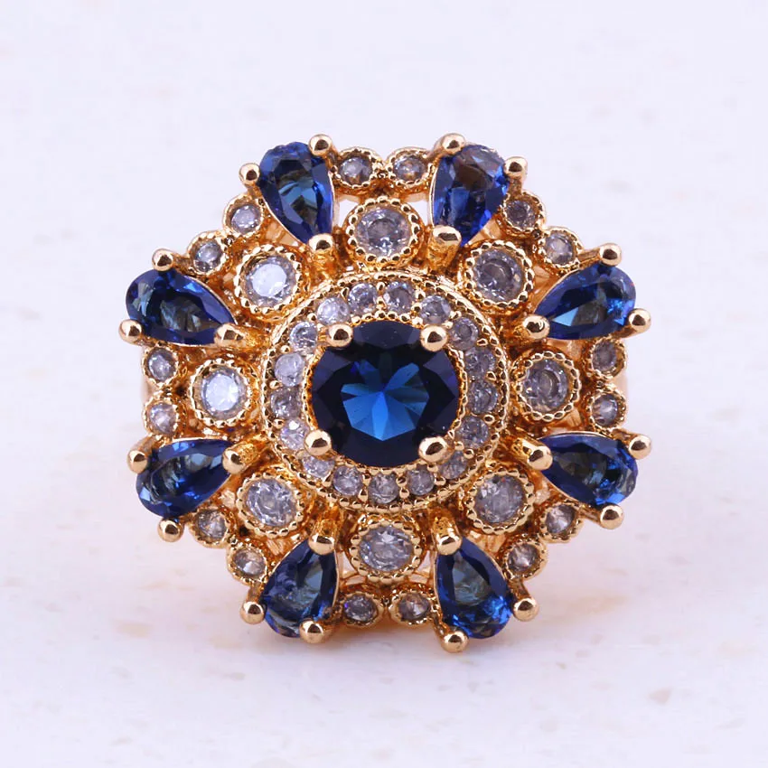 

Unusal Blue Imitation Crystal & Cubic Zircon Yellow Gold Color Engagement Rings For Women Party Fashion Jewelry I0083