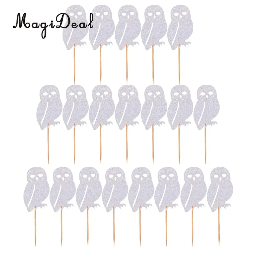 MagiDeal Lovely 20Pcs Glitter Owl Animal Cake Cupcake Topper Picks for Baby Shower Birthday Party Halloween Decor Prop 3 Colors