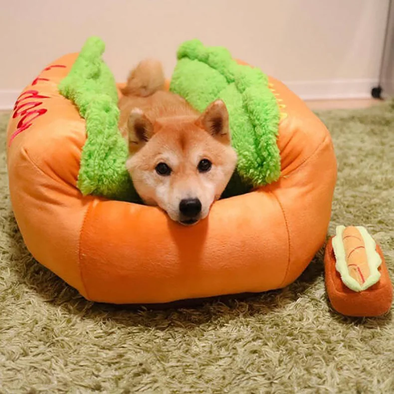 Funny Hot Dog Dog Bed Pet Cat Sofa Cushion Soft& Cozy Cat House Sleeping Bag Puppy Nest Kennel for Small Medium Pet Supplies