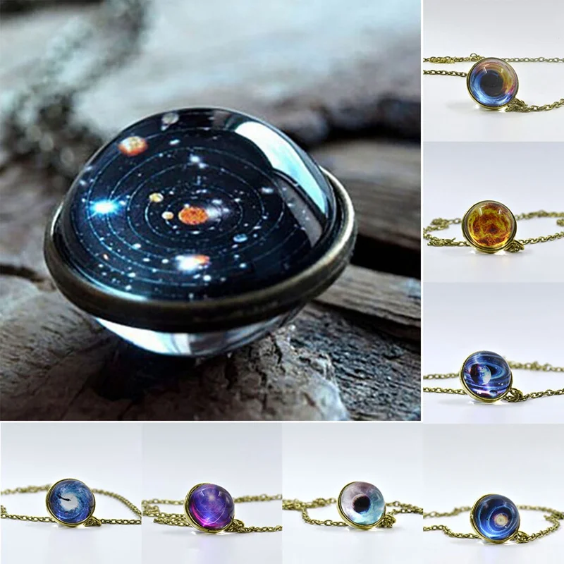 

Fashion Alloy Jewelry Double Faced Universe Nebula Galaxy Pattern Luminous Glass Couples Necklace Gift