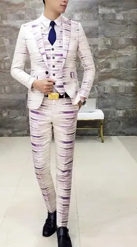 Mens Suit Purple Red Fashion Stripe Dinner Prom Suits Boys 3 Pieces