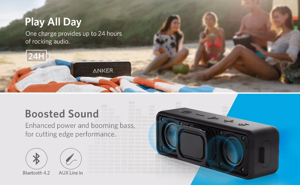 Anker SoundCore 2 Портативный Bluetooth Беспроводной Динамик лучше бас 24 часа воспроизведения 66ft диапазон Bluetooth IPX5 Водонепроницаемость