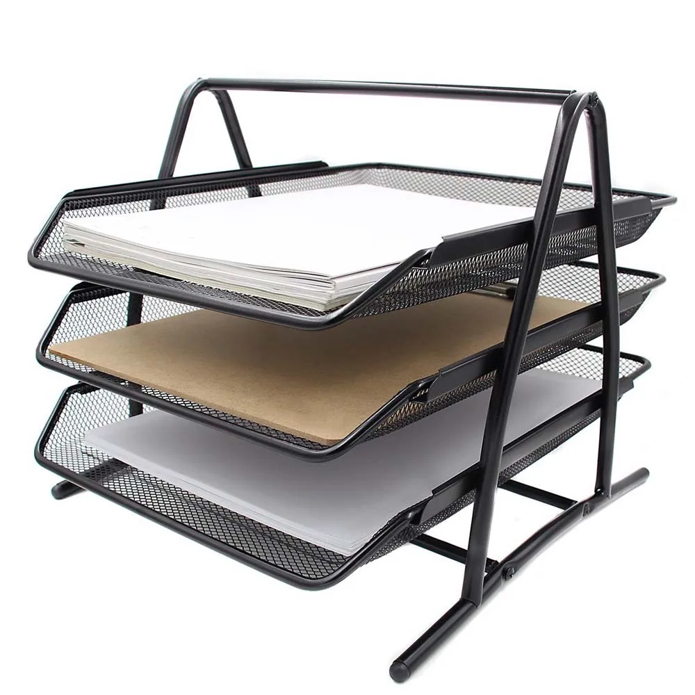 NC 3 Tier Metal Mesh Letter Paper Document Foolscap Tray Stackable Front load Holder Stand