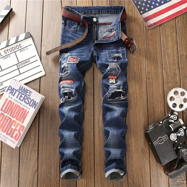 Мужские джинсовые брюки с вышитыми дырками модные новые мужские повседневные облегающие джинсы с заплатками Прямая поставка - Цвет: 809
