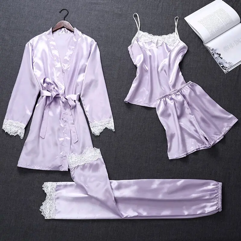 Сексуальный пижамный комплект из 4 предметов, женский кружевной костюм футболка с шортами из искусственного шелка без рукавов, летние платья брюки, пижамы, домашняя одежда - Цвет: Light purple