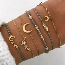 Guvivi 6 pçs/lote pulseiras de cristal, corrente de cordas para mulheres, boho, estrela, lua, ajustável, artesanal, pulseiras, joias, presente