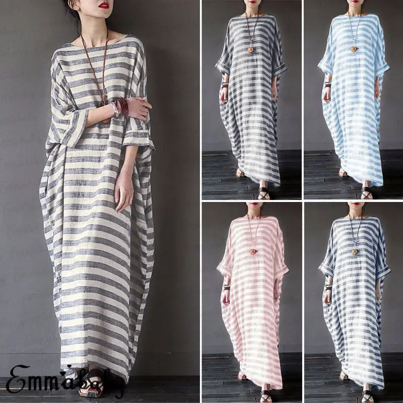 

Boho Summer Evening Party Sundress Oversized Strappy Long Maxi Dress Plus Size Ladies Striped Clothes
