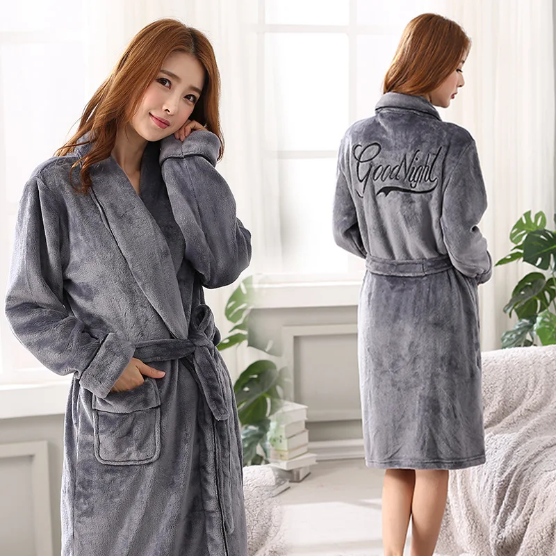 

2019 New Letter Embroidery Winter Bathrobe for Women Good Night Flannel Warm Home Bath Robe Female Dressing Gown