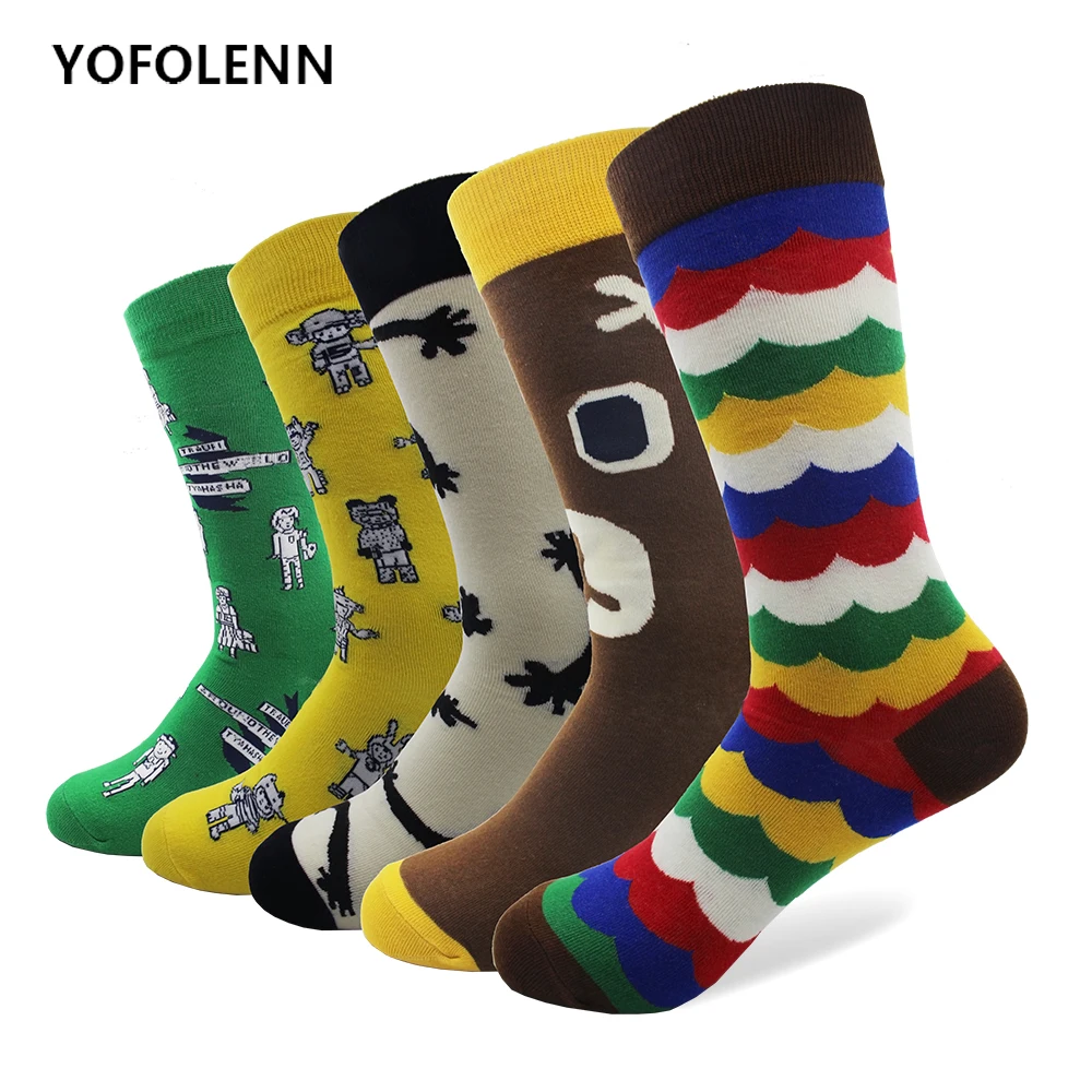 5 пар/лот чесаные Хлопковые женские носки с Милая зверушка Мишка мультяшный робот радужный узор длинные счастливые забавные удобные носки
