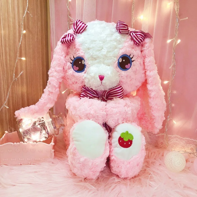 Lovely Big Eyes Pink Strawberry Rabbit Plush Doll Cute Brown Teddy Bear