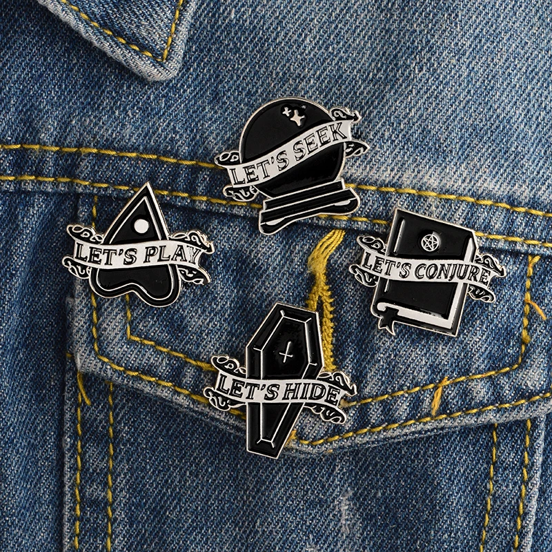 

4pcs/set Let's conjure, seek, hide, and play Pins set Black Heart Coffin Magick spell Book Ball Brooches Badge Jacket Lapel Pin