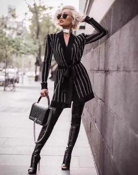 

High Quality Fashion Striped Rayon Bandage Coat Long Sleeve Slim Open Stitch Celebrity Coat