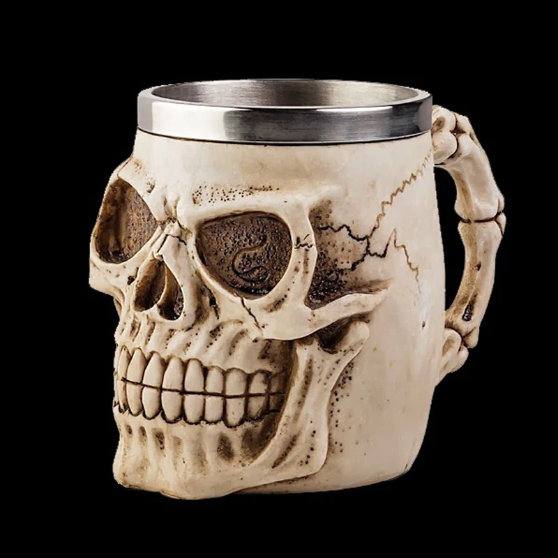 Double Wall Stainless Steel Liner Drinking Skull Mug Resin 3D Skull Tankard Horror Decor Drinking Cup for Halloween Bar Party