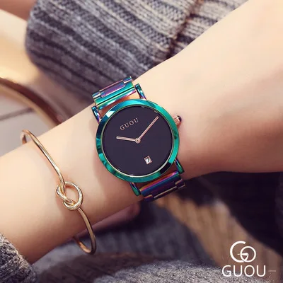 

GUOU Fashion Colorful stainless steel Women Watches 2018 Simple style Quartz Watch Woman Elegant Dress Ladies Watch Montre Femme