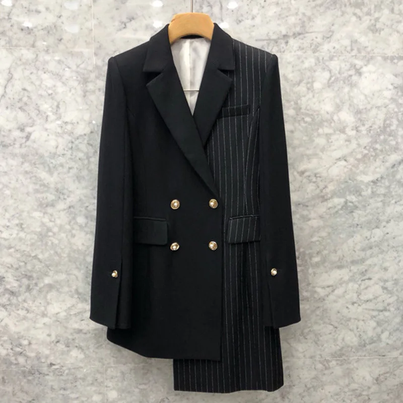

Women's jacket new fashion striped stitching small suit temperament commuter jacket female irregular double-breasted personality