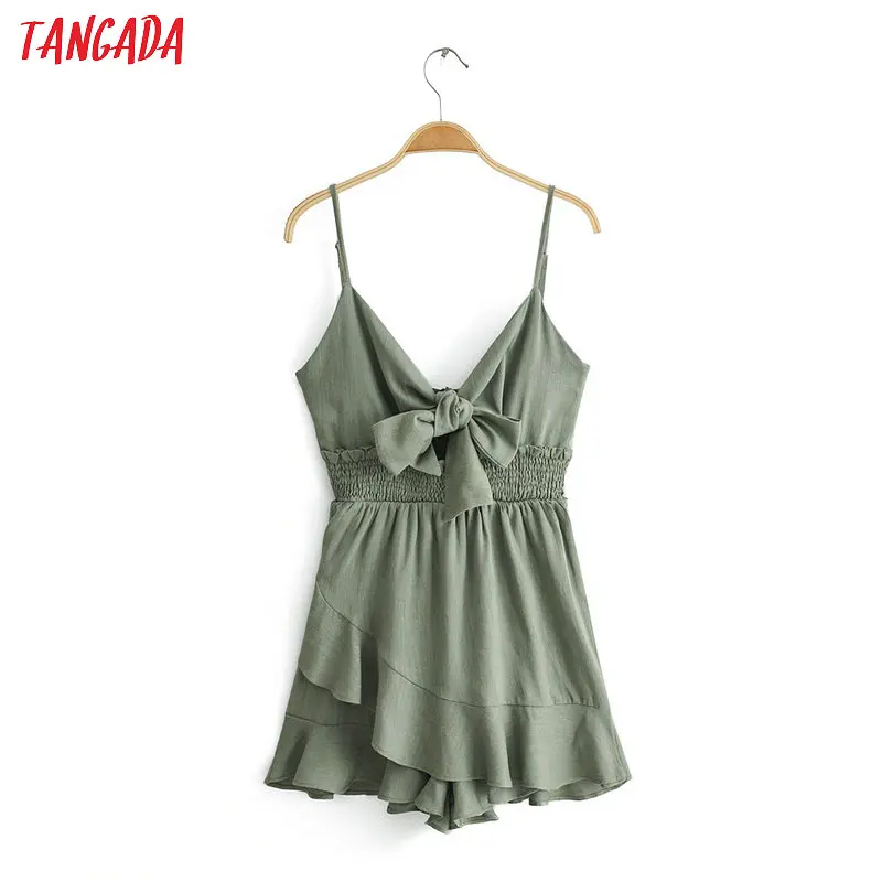 

Tangada women stylish solid playsuits bow v neck elastic waist design spaghetti strap female summer sexy jumpsuits 6C37