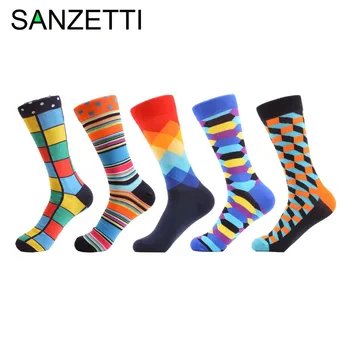 

SANZETTI 5 pairs/lot Men's Combed Cotton Socks Comfortable Colorful Wedding Socks Breathable Cool Casual Dress Business Socks