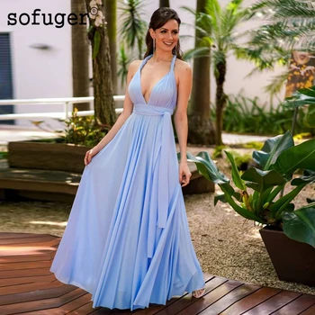

Light Blue Chiffon Sofuge Evening Dresses Pleat Halter Saudi Arabic Muslim Special Occasion Robe De Soiree