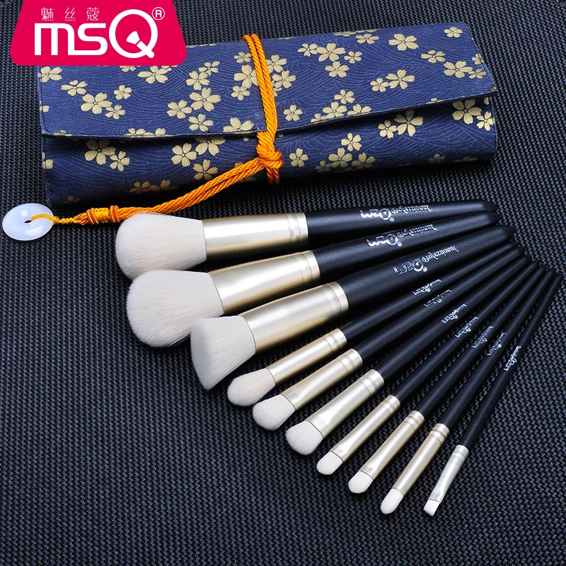 MSQ 10PCS Professional Cosmetic Makeup Brush Set Black With Soft Fibre Hair And Canvas Case