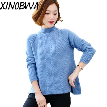 

Europe New Women Winter Autumn High Fashion Turtleneck Long Sleeve Loose Split Personality Pullover Knitted Sweater Ladies Tops