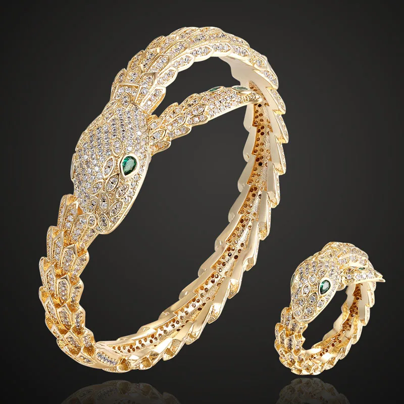 

Zlxgirl copper jewelry set Big Size cubic zircon Snake bangle with ring wedding jewelry sets micro pave setting bracelet jewelry