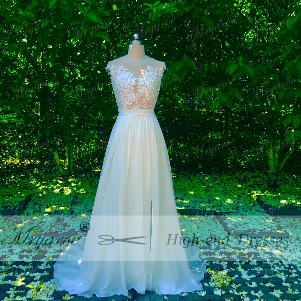 Mryarce Beach Wedding Dress 2018 Sheer Bodice Lace Appliqued  Flowing Chiffon Split Bridal Gowns With Cap Sleeves  (2)