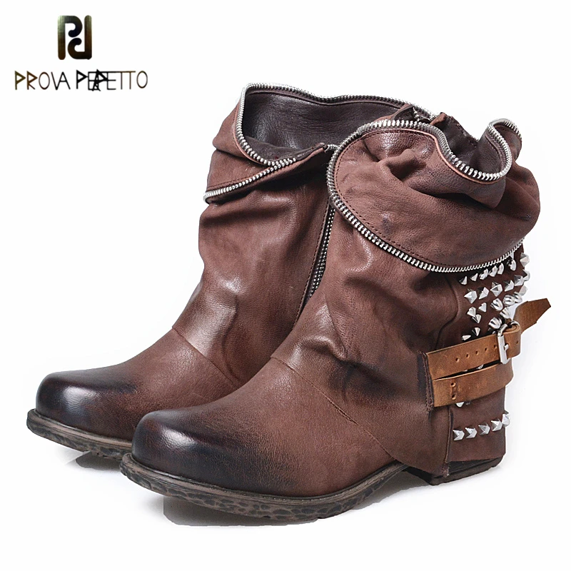 

Prova Perfetto 2018 Chic Rivets Retro Women Short Boots Pleated Zipper Square Toe Ankle Boots Mortorcycle Style Leather Shoes