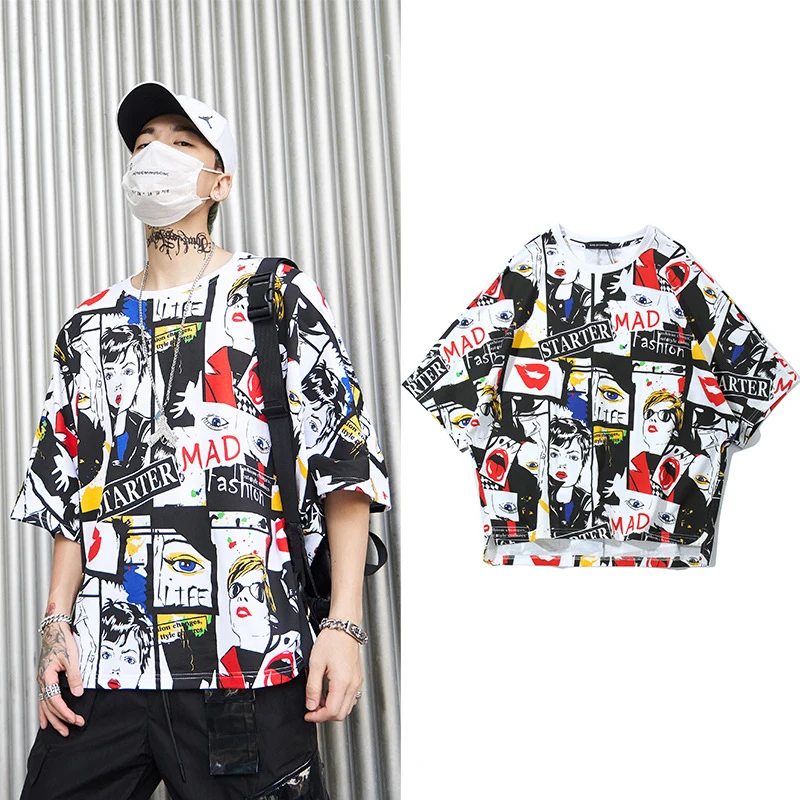 

Summer New Men's T-Shirt Printed Tees High Street Fashion Men Short Sleeve Hip Hop Loose Shirts for Couples