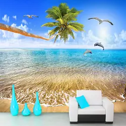 Пользовательские 3D настенная красивый вид на море кокосовое дельфины природа пейзаж фото обои Гостиная ТВ диван фон Настенный декор