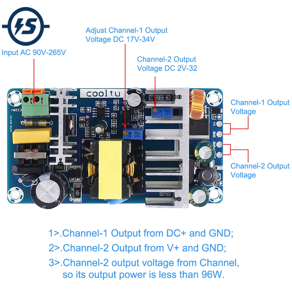 

AC-DC Converter Dua Output Isolation Switch Power Supply Module 110V 220V to 12V 24V 36V 100W Adjustable Buck Step Down Module